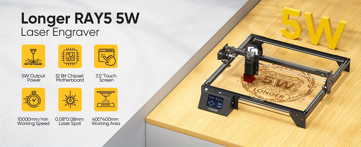 Self-Developed Upgraded Version - RAY5 5W Laser Engraver (Full Machine), Integrating Laser Cutting And Engraving Functions; Supports Wi-Fi Control And Mobile Protection; Working Speed 24000Mm/Min: Suitable for Wood, Metal, Acrylic, Glass