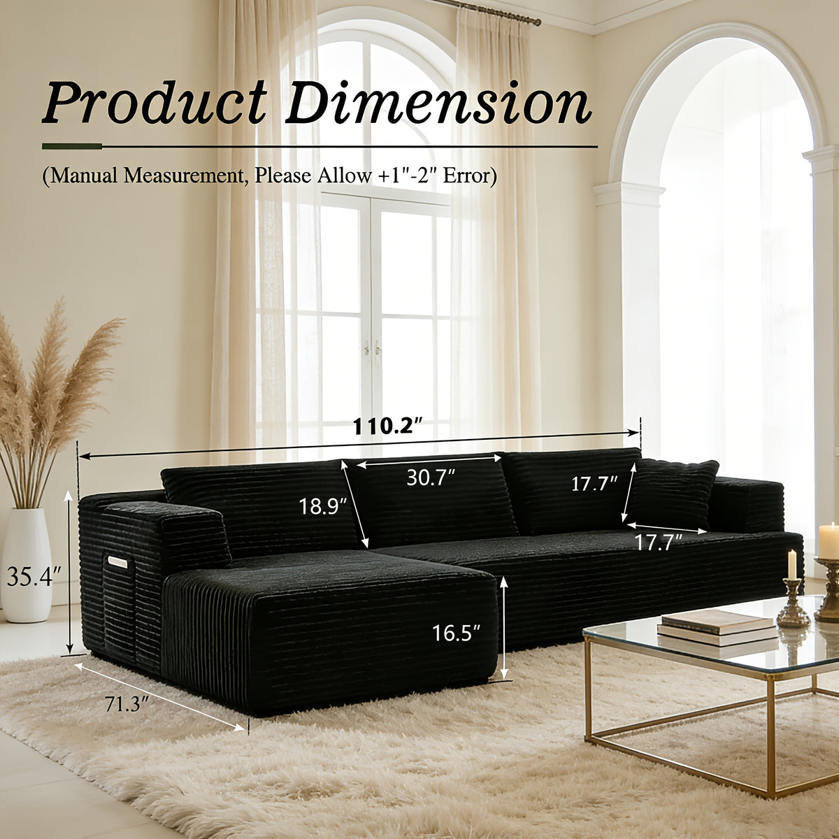 Elegant Contemporary Living Room Setup: Soft Ribbed Fabric Corner Sofa, Light-Filled Interior, And Curated Tabletop Greenery