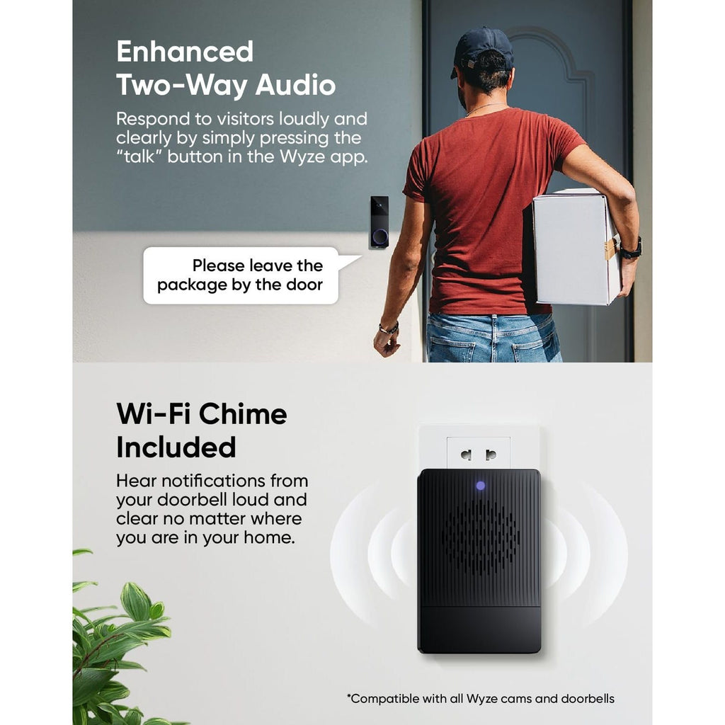 WYZE Wireless Duo Cam Video Doorbell (Chime Included), Battery Powered, 2K Full HD Video, 2 Cameras (People and Package), 2-Way Audio, Color Night Vision
