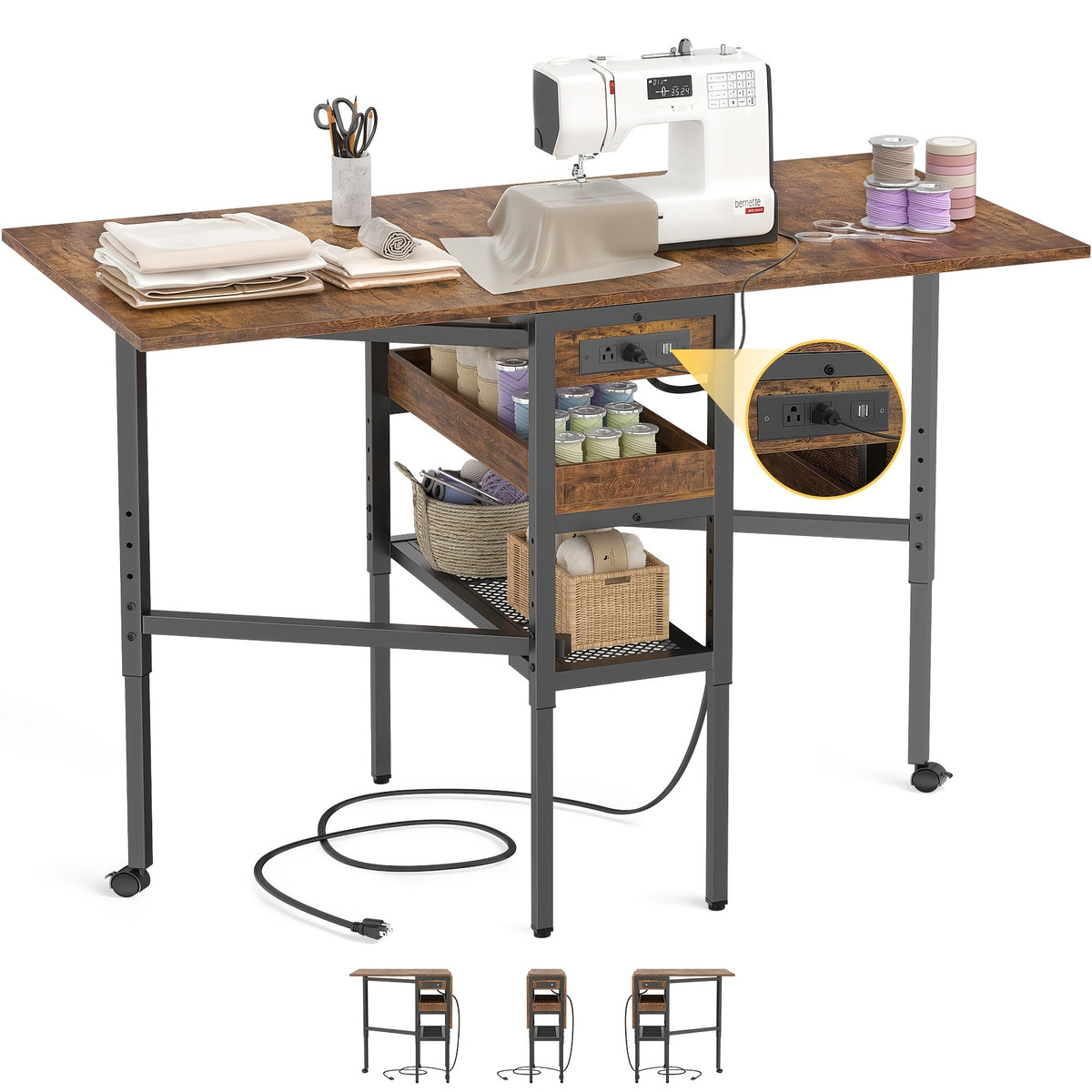 50" Foldable Sewing Cutting Table | Height Adjustable Craft Table with Charging Station and Storage, Metal Frame, Mixed Color, Plug Powered - BESIOIST