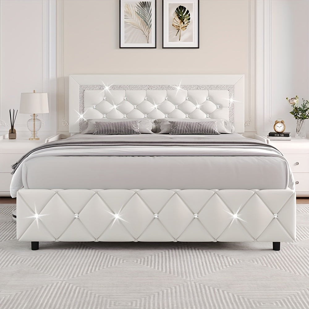 HOMBCK Twin Full Queen King Bed Frame, Padded Platform Bed with Button Tufting Headboard, Princess Platform Bed with Diamond Design, Halloween Decoration, Wooden Strip Support, No Spring Box Needed, Easy to Assemble, Pink/White/Black/Beige