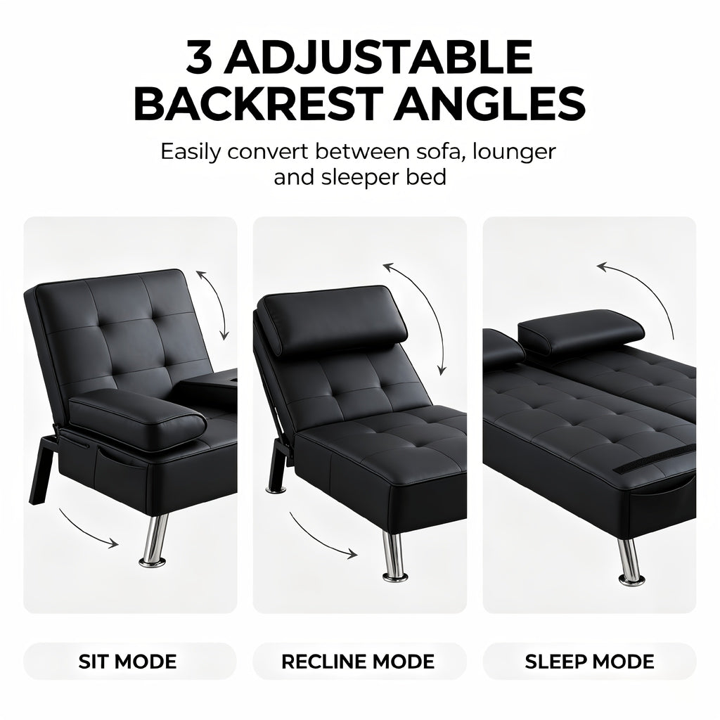 67" Convertible Futon Sofa Bed, 2 Thickness Seat Cushion, Adjustable Folding Couch with Detachable Armrest & Cup Holders, Heavy Duty 700 LBS Metal Frame, Multifunctional Sleeper Sofa for Living Room Bedroom Apartment Dorm
