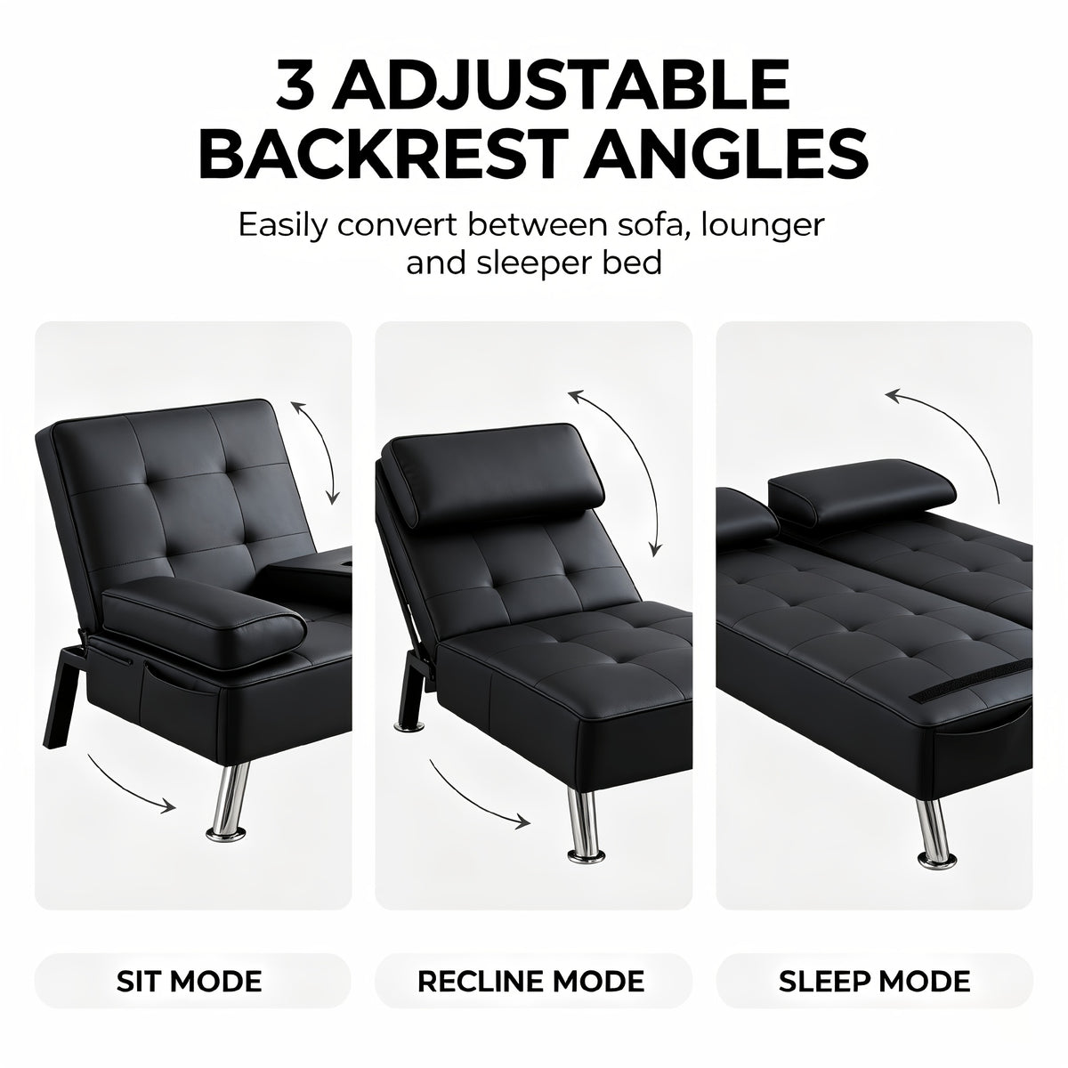 67" Convertible Futon Sofa Bed, 2 Thickness Seat Cushion, Adjustable Folding Couch with Detachable Armrest & Cup Holders, Heavy Duty 700 LBS Metal Frame, Multifunctional Sleeper Sofa for Living Room Bedroom Apartment Dorm