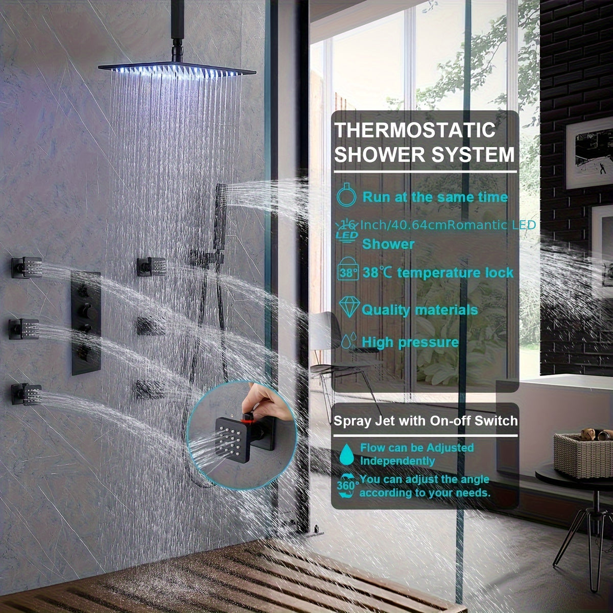 Modern Matte Black Thermostatic Shower System with LED Rainfall Head & Temperature Control - Wall-Mounted Stainless Square Faucet Combo, Massage Function for Bathing (Faucet and Shower Head) - Luxury Bath Suite