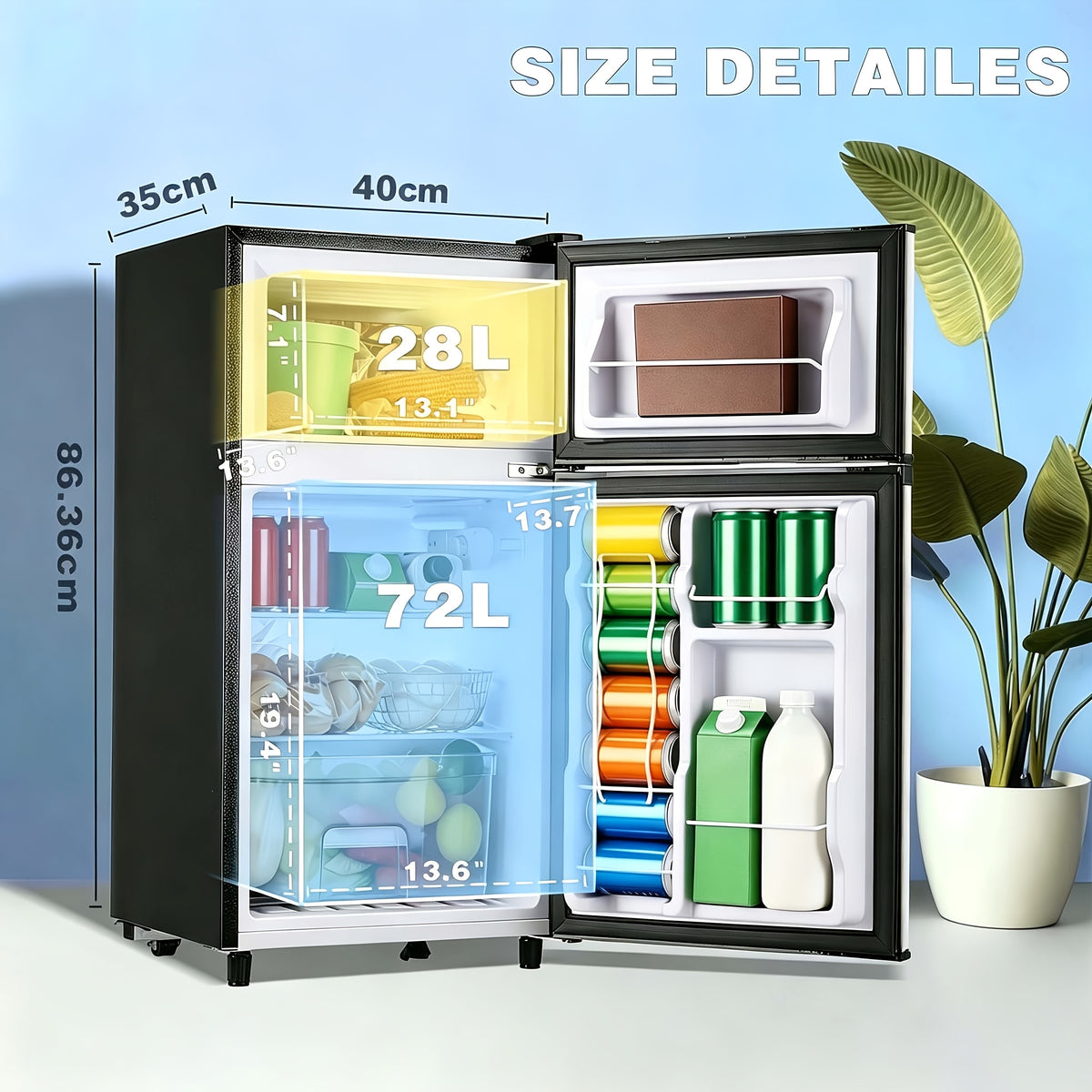 WANAI Mini Fridge with Freezer, 3.5 Cu.Ft Compact Refrigerator Freezer-on-Top Double Door, 7 Adjustable Thermostat, Small Freestanding for Bedroom Office Dorm Apartment