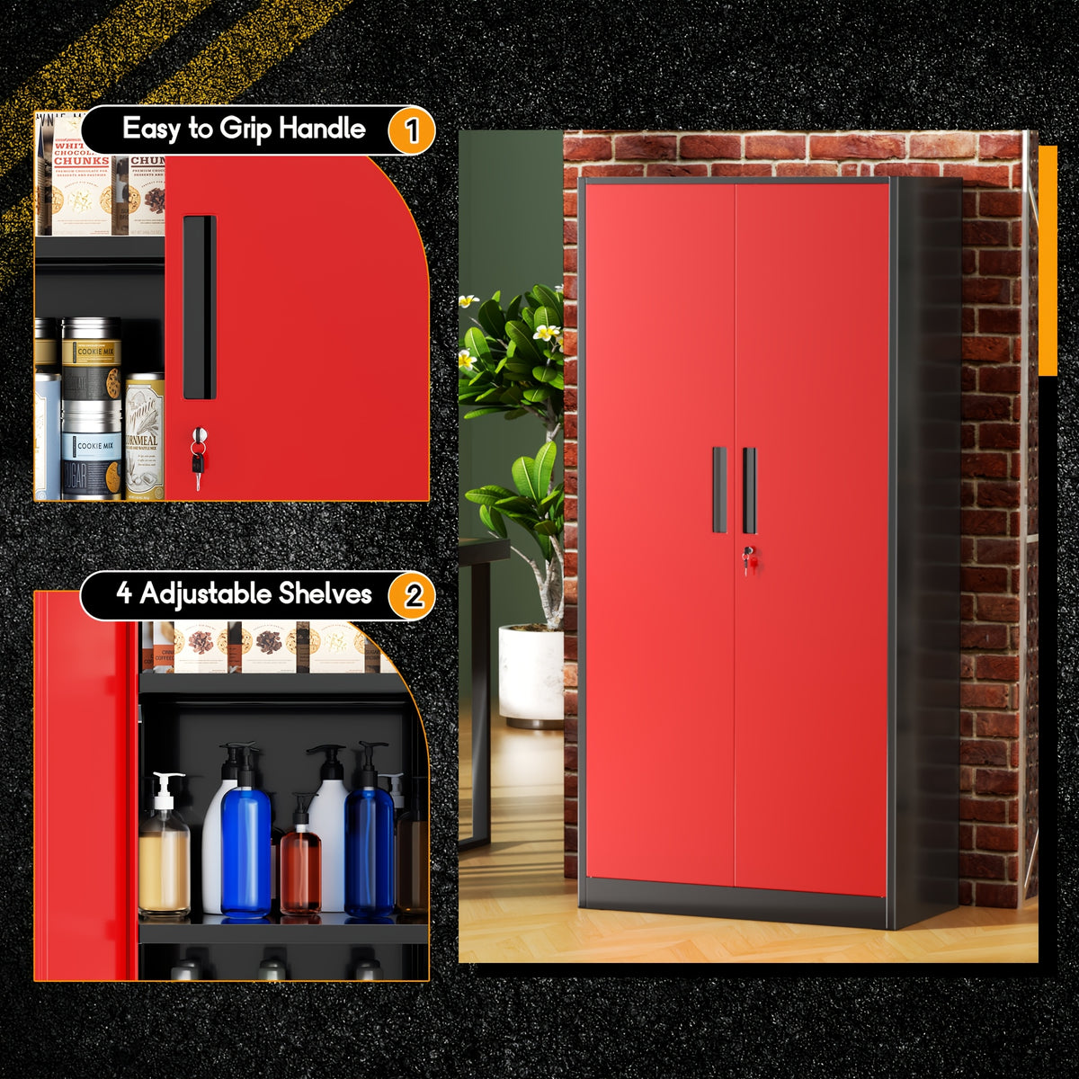 Metal Garage Storage Cabinet, 71"/72" Tall, Steel Floor-standing Model, with 2 Doors, 4 Adjustable Shelves, Lockable, Spray-painted Finish, Suitable for Home, Office, Shop, School—easy to Assemble