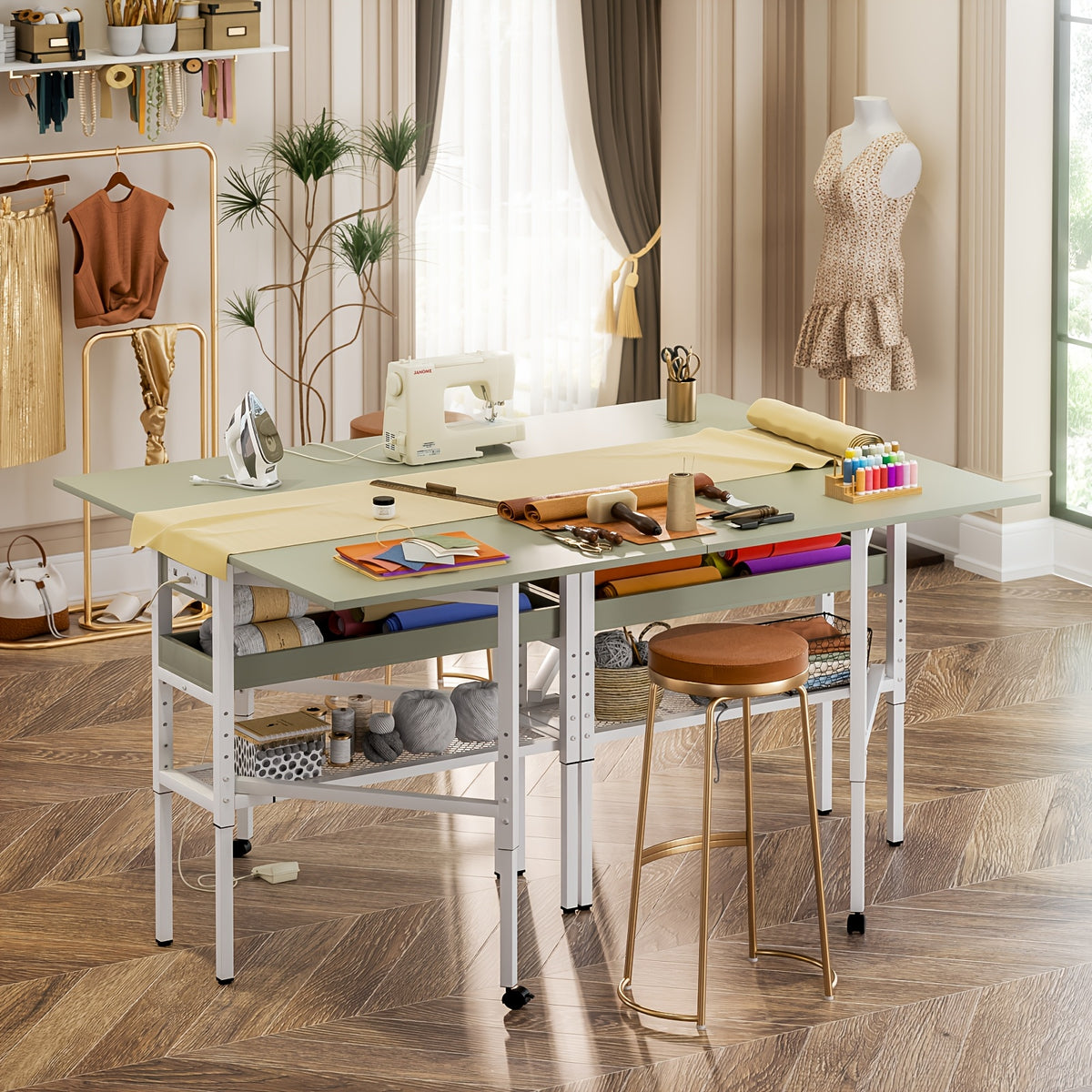 50" Foldable Sewing Cutting Table with Charging Station | Height Adjustable, Metal Frame, Storage Space, Suitable for Sewing and Craft Rooms, Mixed Color, ISUNIRM