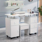 Professional Nail Desk and Chair Set with Stool - Heavy-Duty Mobile Manicure Station w/Dust Collector, Acetone-Resistant Desktop, 4-Wheel Rolling Cart & Storage Drawers - Heavy-Duty Nail Tech Table for Salon, Home, or Spa - (White/Black/Lavender/Mint Gree