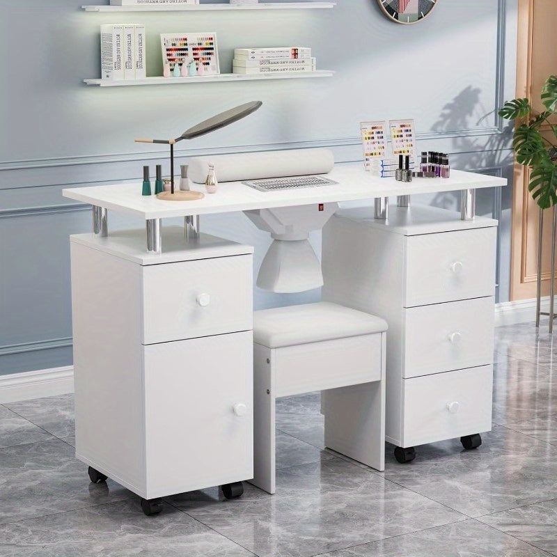 Professional Nail Desk and Chair Set with Stool - Heavy-Duty Mobile Manicure Station w/Dust Collector, Acetone-Resistant Desktop, 4-Wheel Rolling Cart & Storage Drawers - Heavy-Duty Nail Tech Table for Salon, Home, or Spa - (White/Black/Lavender/Mint Gree