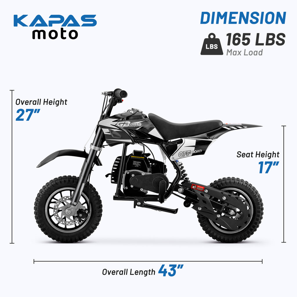 Mini Dirt Bike, 49 CC 2-Stroke Gas Bike with Off-Rode Tire, Suspensions, Disc Brakes, Max Load 165Lbs, Max Speed 18Mph-Includes gloves, face mask, security lock, and phone holder-Includes gloves, a face mask, an integrated stand, an anti-theft lock, and k