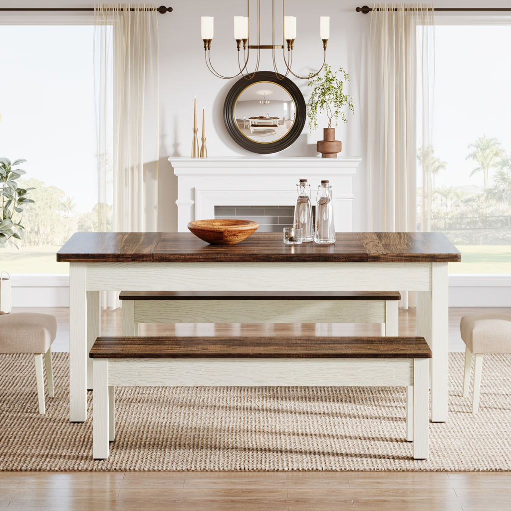 3pcs Dining Table Set with 2 Benches, 55-Inch Wood Kitchen Table Set for 4-6, Farmhouse Space-Saving Dinette for Kitchen, Dining Room