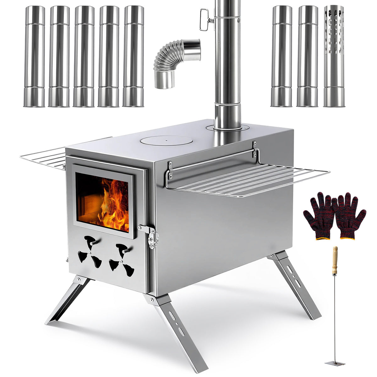 Hot Tent Stove, Camping Wood Stove for Tent, Portable Stainless Steel Wood Burning Stove with 7 Chimney Pipes for Wall Tent Camping, Cooking, Ice Fishing, Hunting, Boiling Water - Large