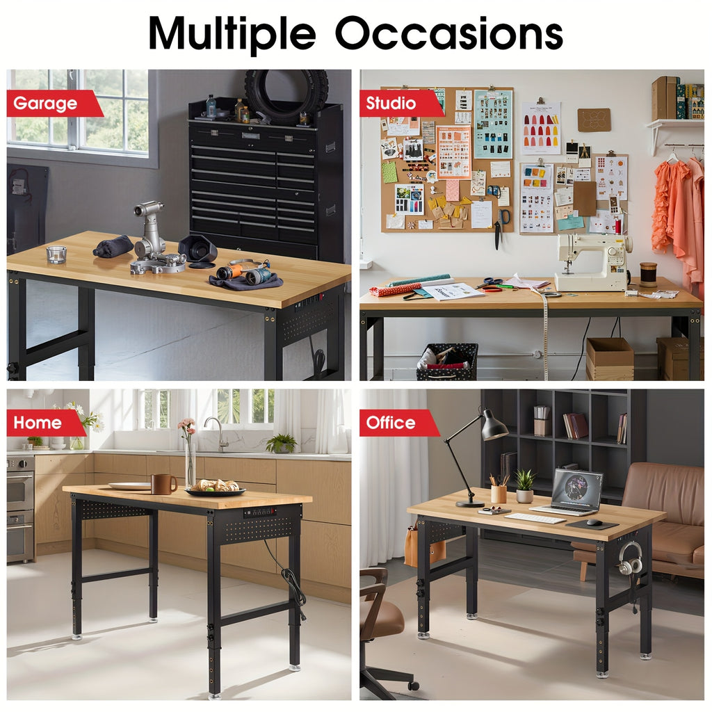 [Heavy Duty Workbench] 48"×24" Heavy Duty Workbench With Wheels, 2000 LBS Load Capacity Thick Solid Wood Work Table With Power Outlets, Pegboard, Work Bench For Garage, Office, Home, Workshop, Commercial
