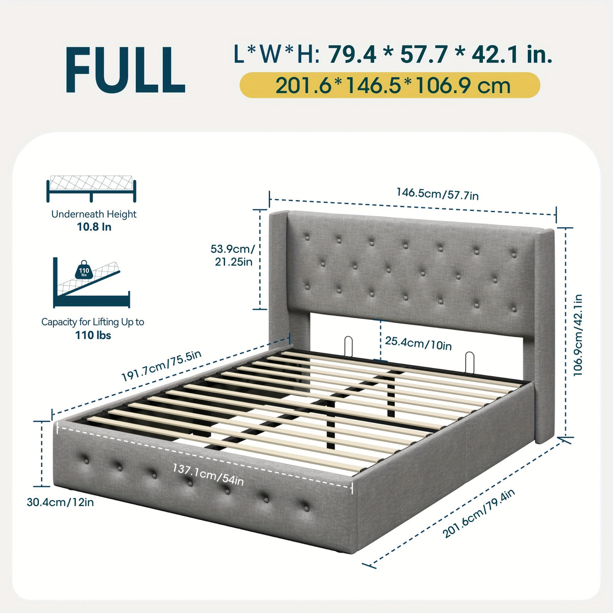 WEEWAY Lift Up Storage Bed, Modern Wingback Upholstered Headboard, Hydraulic Platform Bed, Wooden Slats Support, Heavy Duty Mattress Foundation, No Box Spring Needed, Easy Assembly, Full/Queen/King Size, for House Bedroom Furniture, Free Shipping