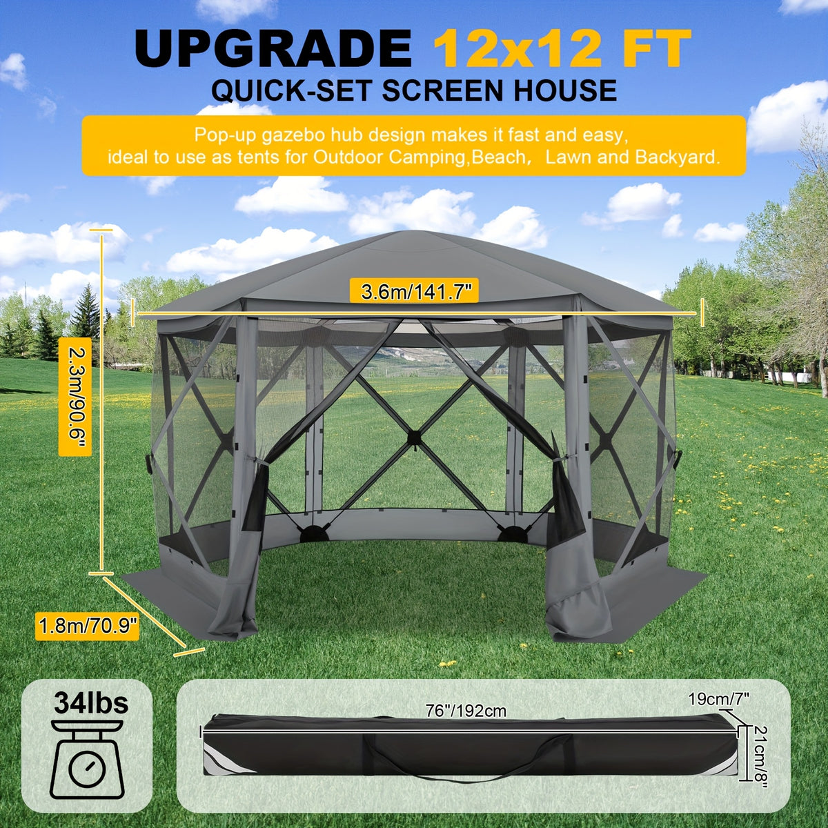 12X12Ft Pop-Up Canopy, Without Cloths, with Octagonal Mesh, One Person Can Quickly Build with a Handbag And Ground Pile, Suitable for Camping, Outdoor Activities