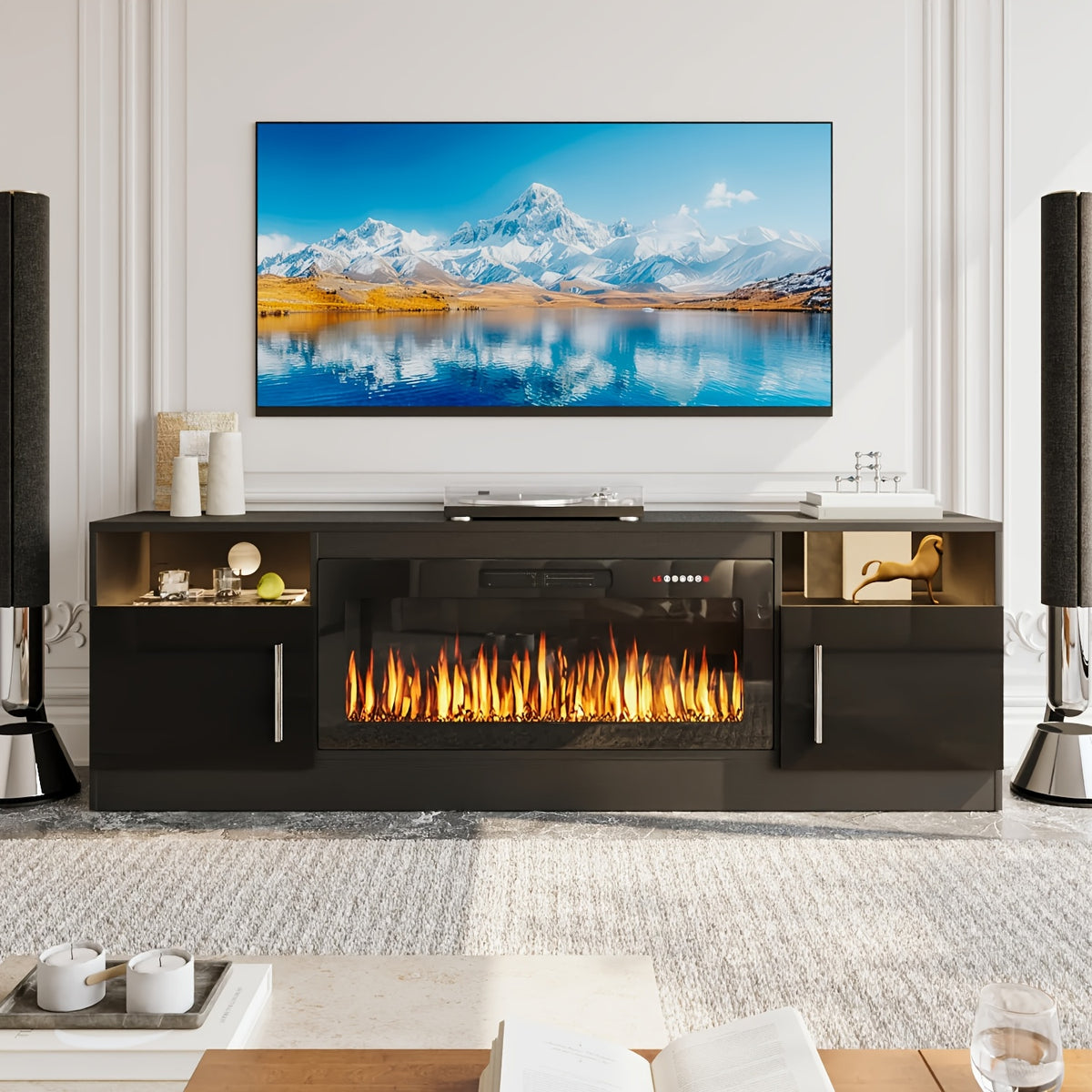 80" TV Stand Fireplace with 36" inch Electric Fireplace Up to 90" TVs, LED Light Entertainment Center, 80" Modern Wood High Gloss with Highlight Storage Cabinet for Living Room