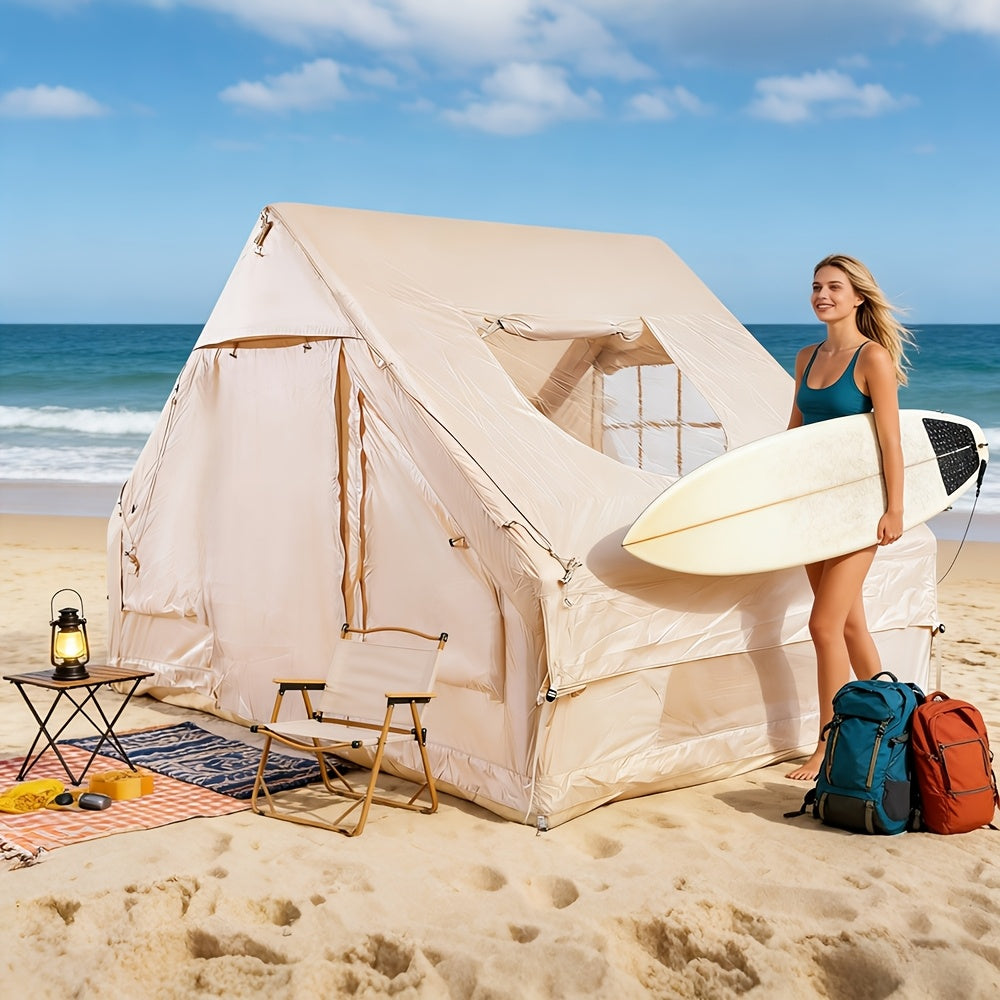 Inflatable Camping Tent（Optional: Skylight, Stove Jack） for 4-6 Person,4 Season Camping Tent, Large Luxury Air Tent with Manual Pump, Easy Setup Portable Glamping House, High Quality Windproof Family Outdoor Shelter Best Valentine's Day Gifts