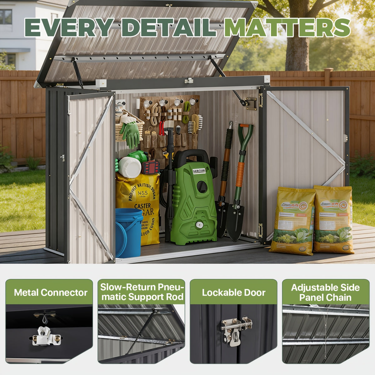 UFFIGAMA Lockable Outdoor Trash Can Storage Shed - 4.93 X 2.6ft Metal Garbage Bin Enclosure with Chain Lid, Waterproof & Weather-Resistant, Ideal for Trash Cans, Lawn Mower, And Garden Tools, Perfect for Backyard & Patio