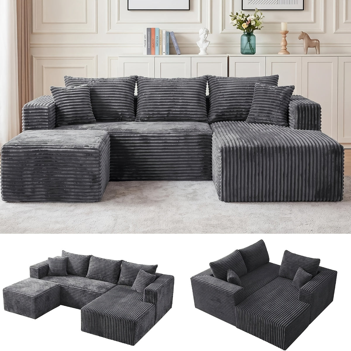 95 Inch L-Shaped Sectional Sofa, Fluffy Corduroy Cloud Sleeper Couch, Free Combination Boneless Sofa with Wide Chaise And Ultra-Deep Seating, Cozy Lounge Furniture for Apartment, Living Room, Easy Setup