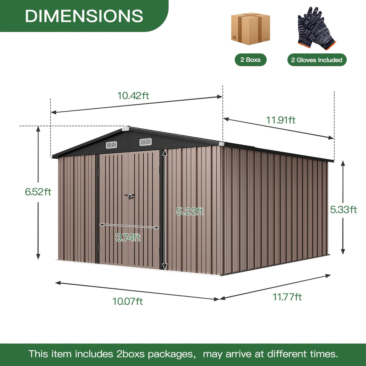 ULSMVOC 12X20X9.3/10X12/6X4 FT Metal Storage Shed - Outdoor Garden Shed Kit, Lockable Tool Shed, Backyard Shed with Double Hinged Doors, 4 Windows, Carport for Car, Truck, Bike And Lawn Mower & Equipment, Brown