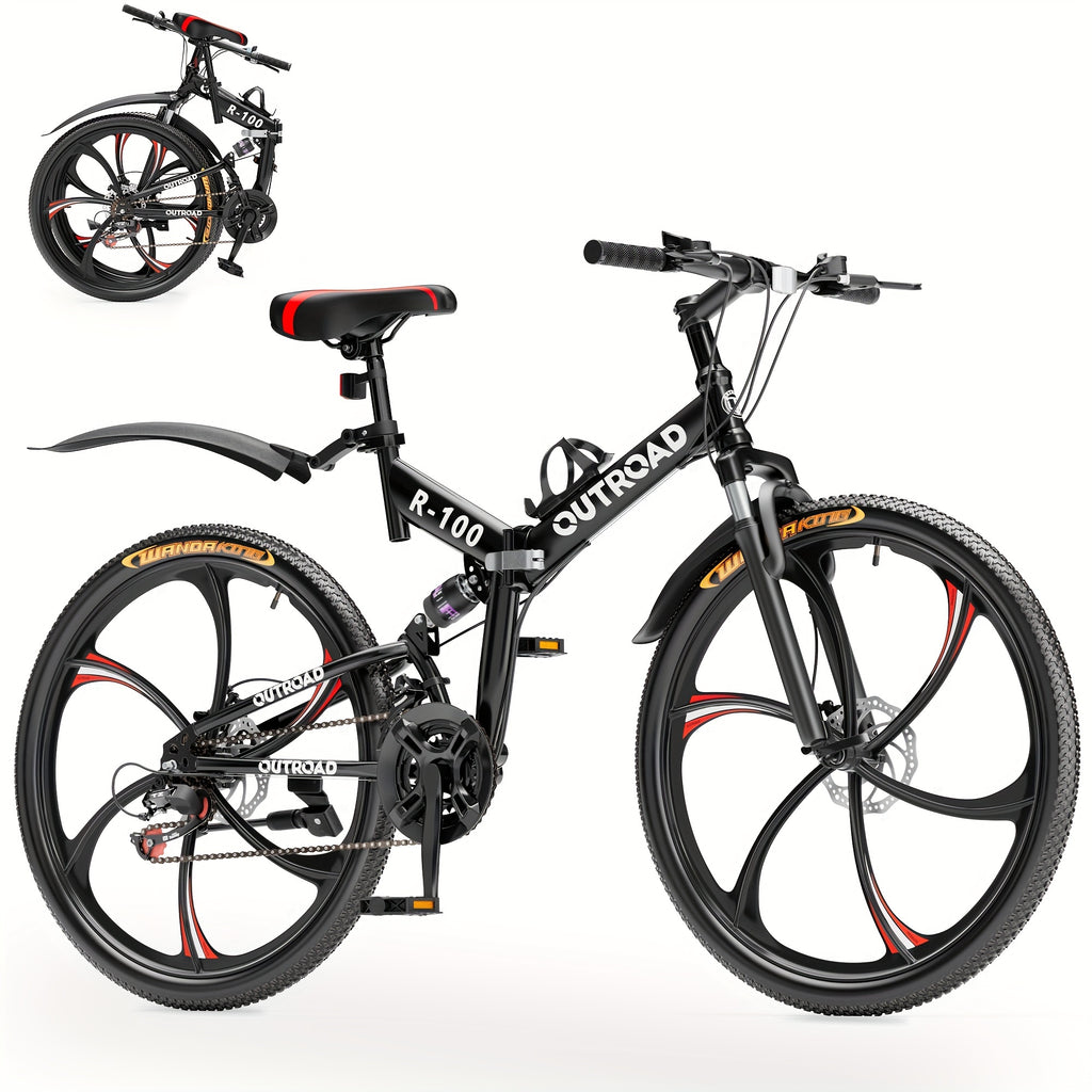 26 Inch Adult Folding Bikes/Mountain Bikes, 21 Speeds Mountain Bicycles with Full Suspension, Dual Disc Brake, High Carbon Steel Frame, Foldable Bike for Men/Women/Teen (Black&Orange)