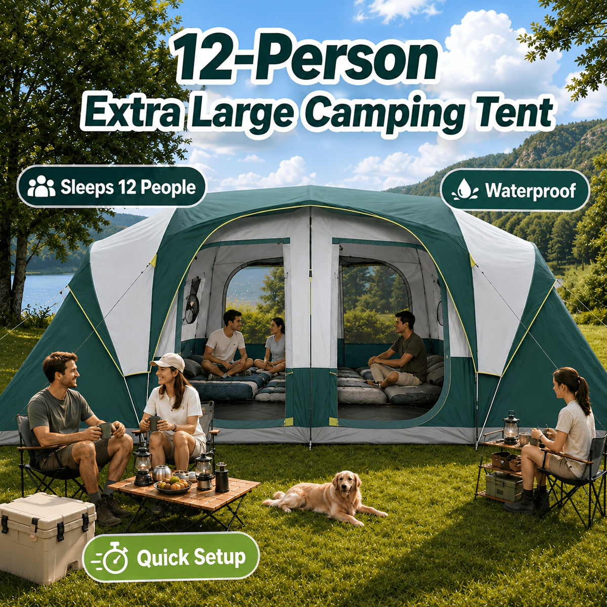 12-Person Camping Tent, Family Cabin Tent with 2/3 Rooms, Weatherproof, Features 6 Large Mesh Windows, Double Layer, Includes Dividing Curtain for Separate Rooms, Portable with Carry Bag