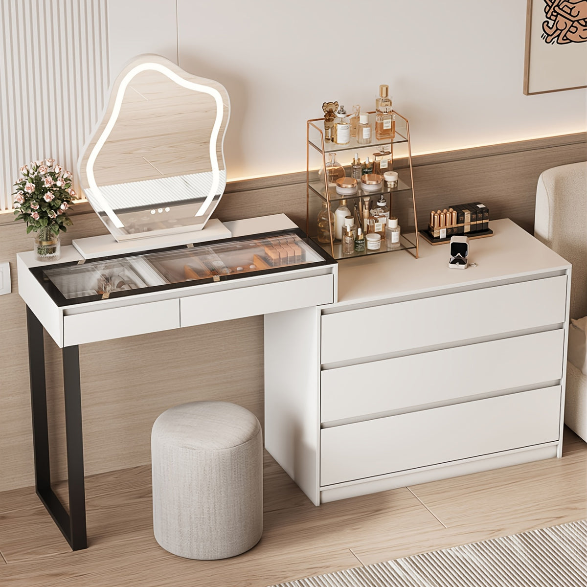 Corner Vanity Desk with Mirror And Lights, Makeup Table with Drawers And Jewelry Cabinet, 3-Color LED Lights And 5-Drawer Large Vanity with Storage, Bedroom, Dressing Table