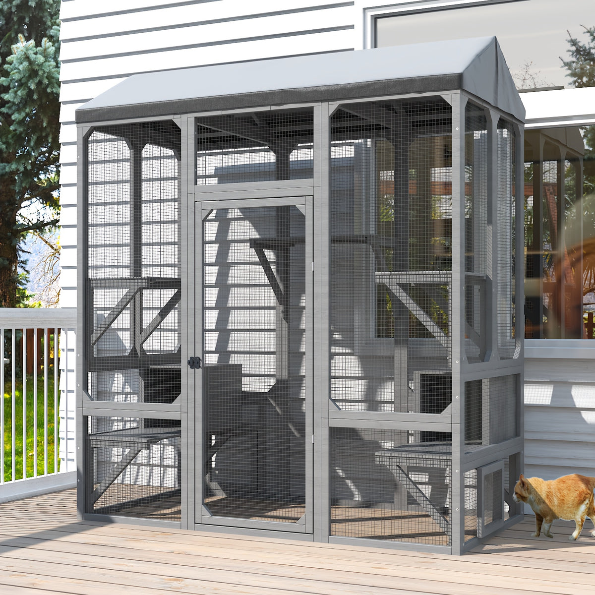 72 Inch Catio Outdoor Cat Enclosure, Large Cat House for Mulitiple Cats Walk in Cat Cage with Cover and Sunshine Panel Roof, Feral Cat Shelter with 7 Platforms and 2 Resting Box