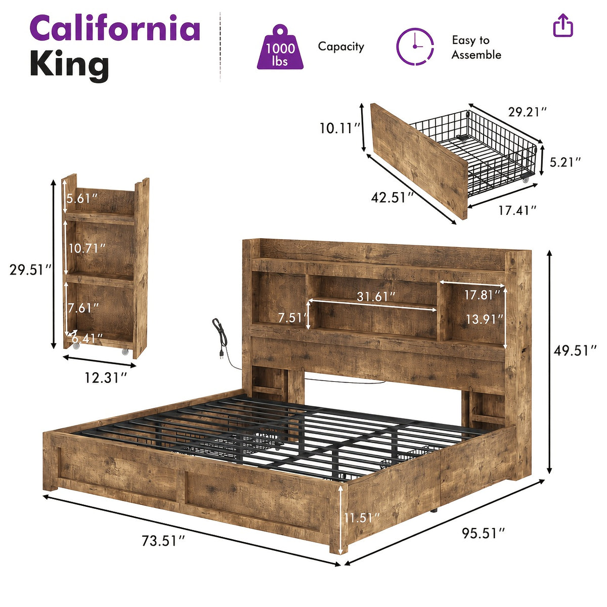PAPABABE Bed Frame With 49.6 Inch Bookcase Headboard, 4 Drawers And 2 Detachable Storage Racks - Farmhouse Wood Bed Frame With RGB LED Lights And Charging Station, No Box Spring Needed