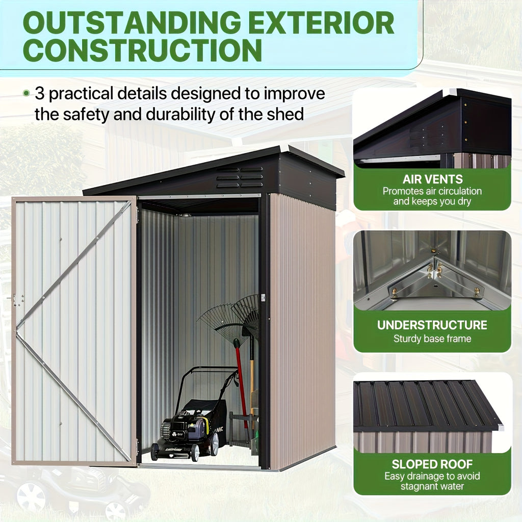 6' X 4' Metal Lean-to Storage Shed, Outdoor Side Storage Cabinet for Patio, Garden, And Lawn (Brown)