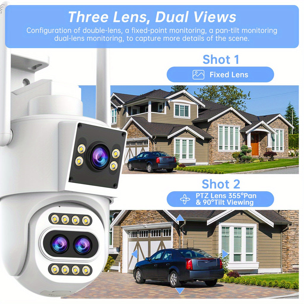 Full HD Wifi Security Camera, 10X Optical Zoom, PTZ with 3 Lenses, IPX6, App Control, Color Night Vision, Two-Way Audio, Motion Detection And Automatic Tracking, Home Security Sound Alarm, Remote Monitoring/ Smart Security Equipment