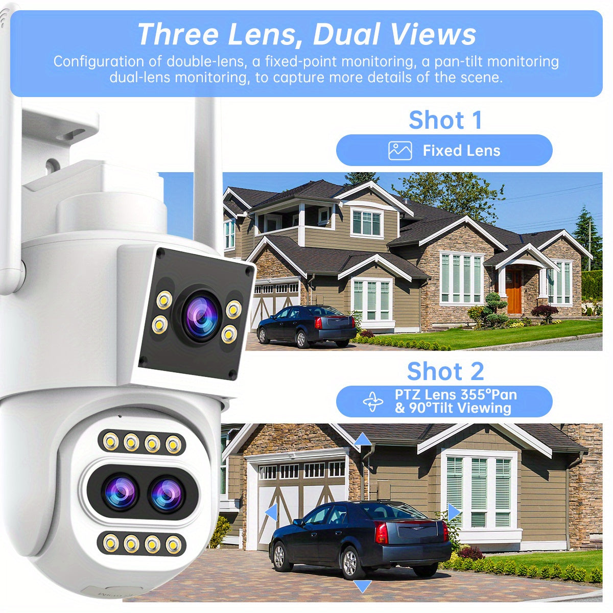 Full HD Wifi Security Camera, 10X Optical Zoom, PTZ with 3 Lenses, IPX6, App Control, Color Night Vision, Two-Way Audio, Motion Detection And Automatic Tracking, Home Security Sound Alarm, Remote Monitoring/ Smart Security Equipment