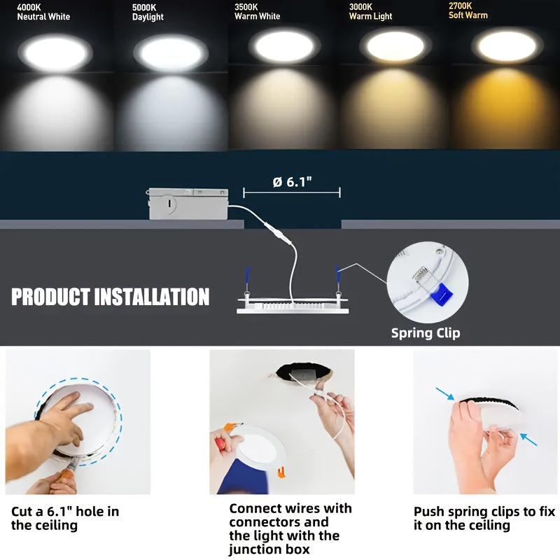 6/12/24-Pack 6-Inch 5CCT Recessed Night Lights (2200K), 6-Inch Canless LED Recessed Lights, 2700K-5000K Optional, 12W=130W, 1050LM Dimmable, ETL Certified