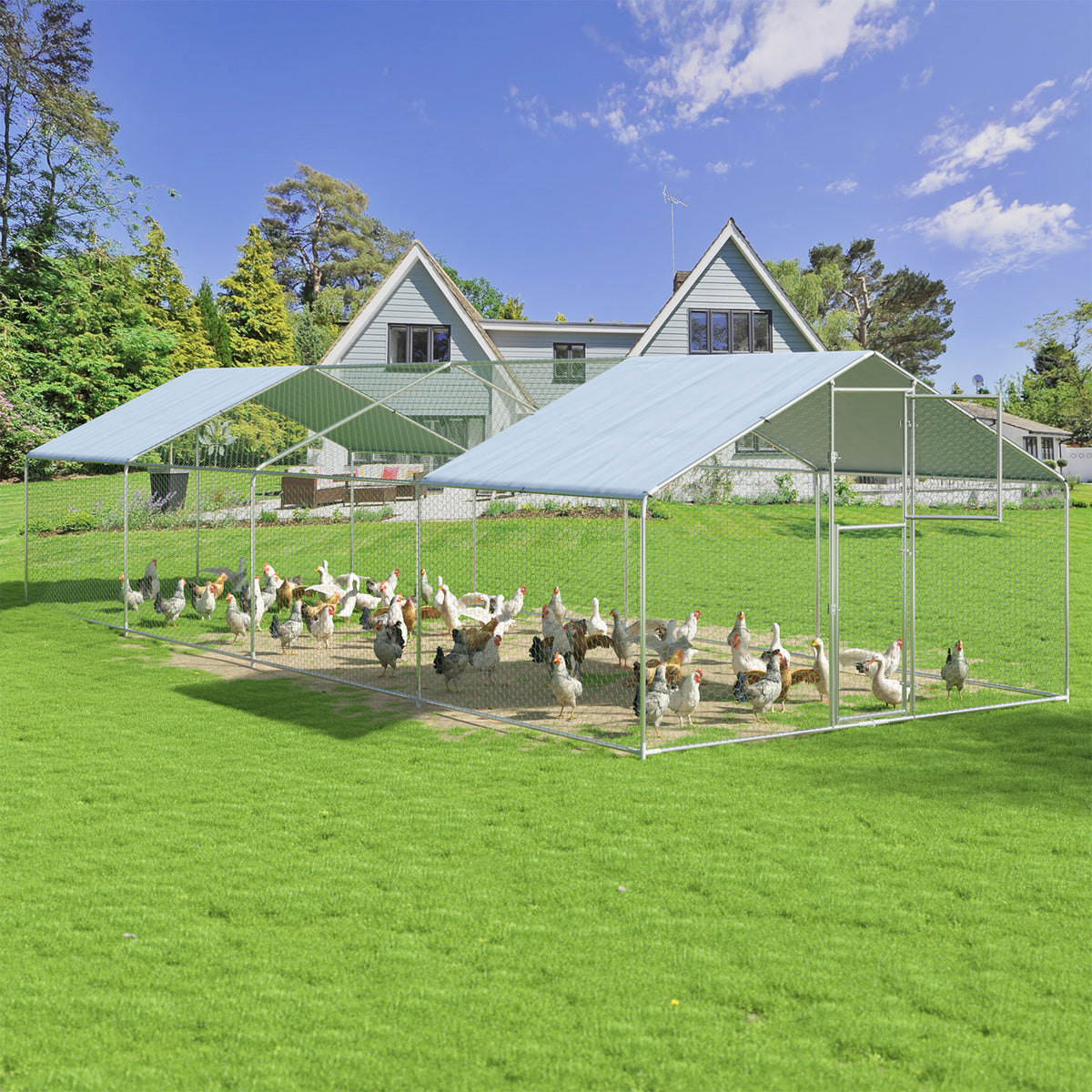 Walk-In Chicken Run with Feeding Port and UV-Resistant Cover, Galvanized Outdoor Poultry Enclosure
