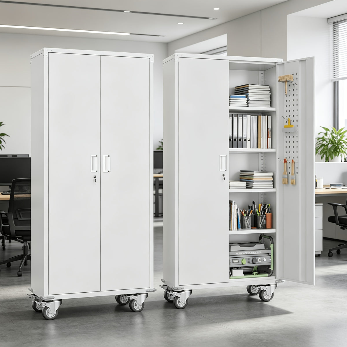 75''/72''*32''*16" Metal Pulley Office Storage Cabinet, Rollable Metal Cabinet, with Wheels, Locking Door And Adjustable Shelves, Suitable for Steel Tool Cabinets In Home Offices, Garages, And Warehouses, Black/White