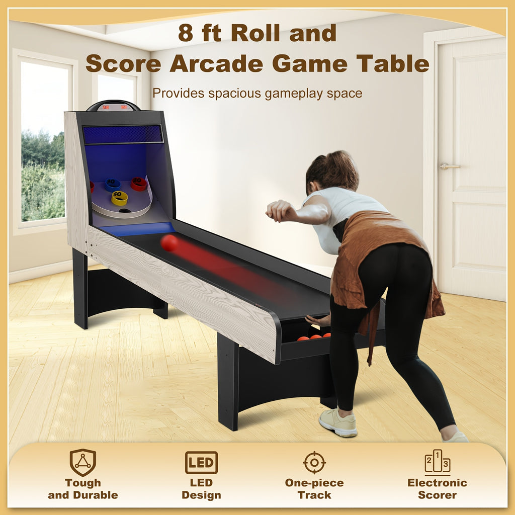 8FT Roll And Score Arcade Game Table, Skee Ball Game for Home Game Room, Arcade Machine W/ LED Light, Scoring Rings, 4 Balls And LED Scoring System