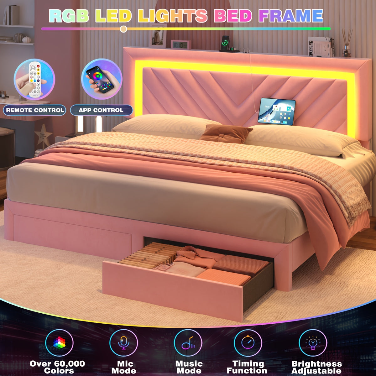 Pink Bed Frame with LED Headboard and Charging Station, 2 Storage Drawers, No Box Spring Needed, Noise Free