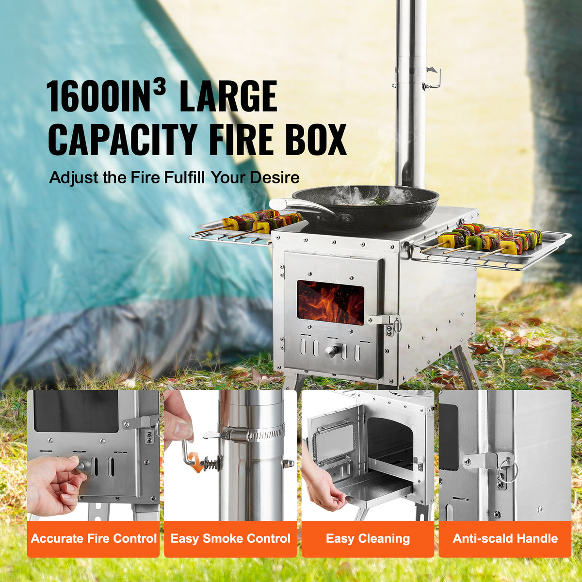 VEVOR Wood Stove, 86 inch, Stainless Steel Camping Tent Stove, Portable Wood Burning Stove with Chimney Pipes & Gloves, 3000in³Firebox Hot Tent Stove for Outdoor Cooking and Heating with 8 Pipes
