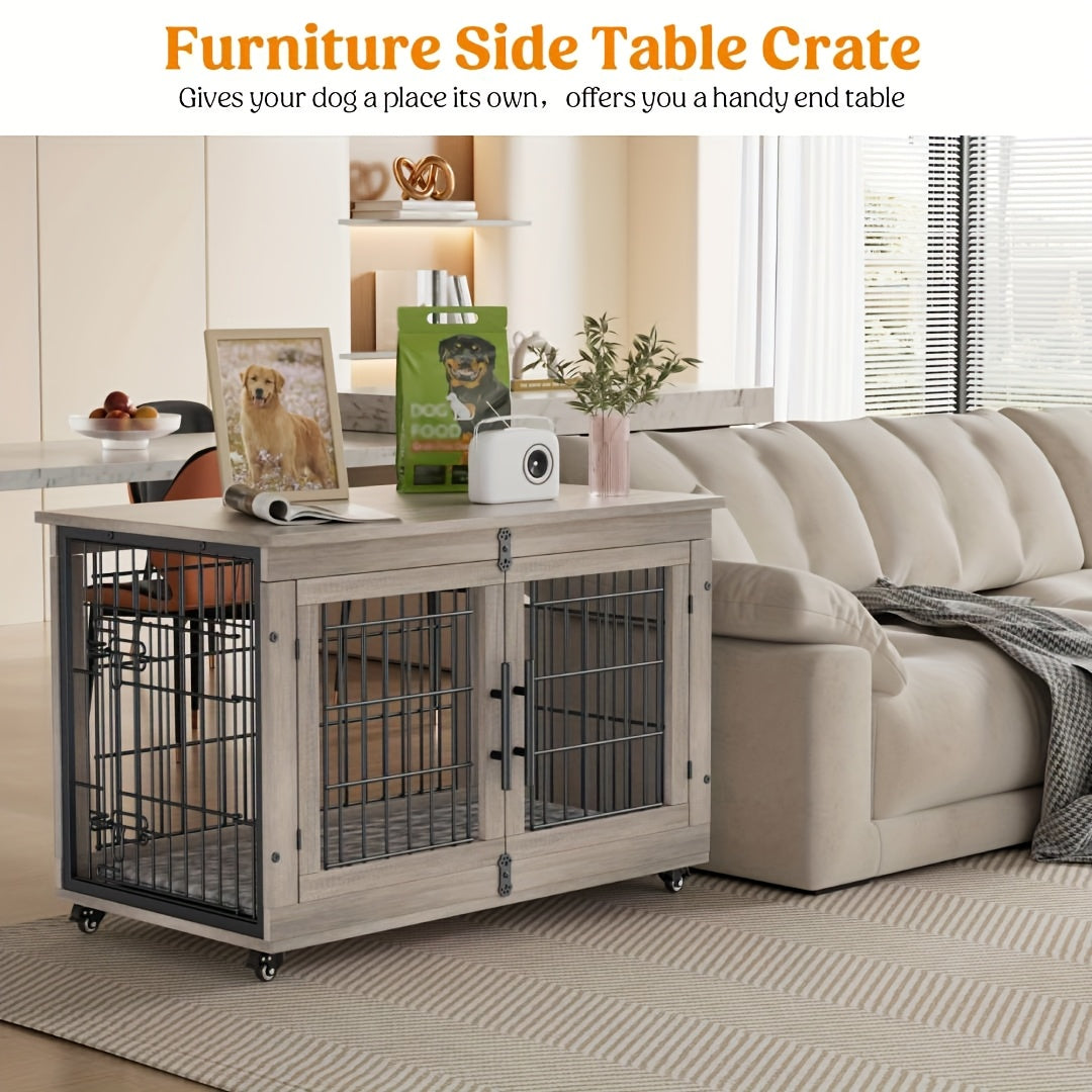 43/36/29/27in Furniture-style Wooden Dog Crate with Anti-Slip Mat, Adjustable Door, Secure Lock, Available In Gray/Brown, Easy to Move with Wheels Or Stable with Anti-Slip Foot Pads, Easy to Clean Pet Cage, Ideal for Home, Living Room Or Bedroom