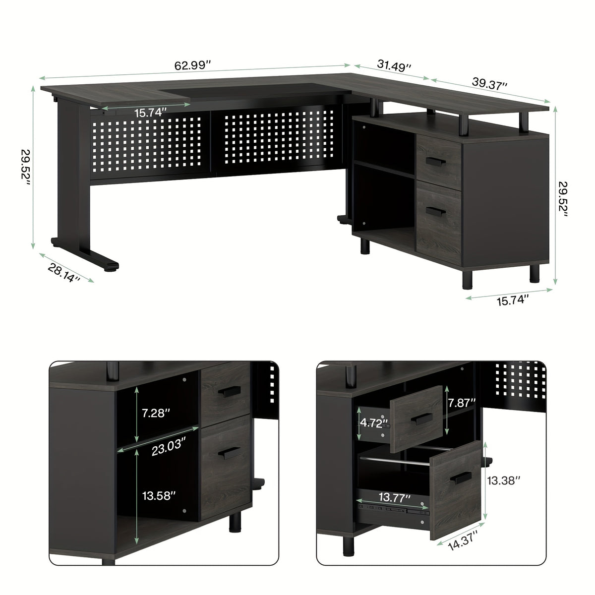 62.99" L Shaped Desk with Drawers And Storage, Farmhouse Computer Desk with File Drawers, Corner Executive Desk with Open Shelves for Home Office
