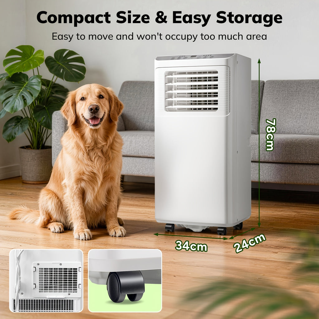Compact Portable Air Conditioner, Smallest AC Unit with Powerful Cooling, Multi-Speed Fan, Dehumidifier, 24H Timer, Remote Control, Washable Filter & Wheels for Bedroom, Room, Office, Apartment