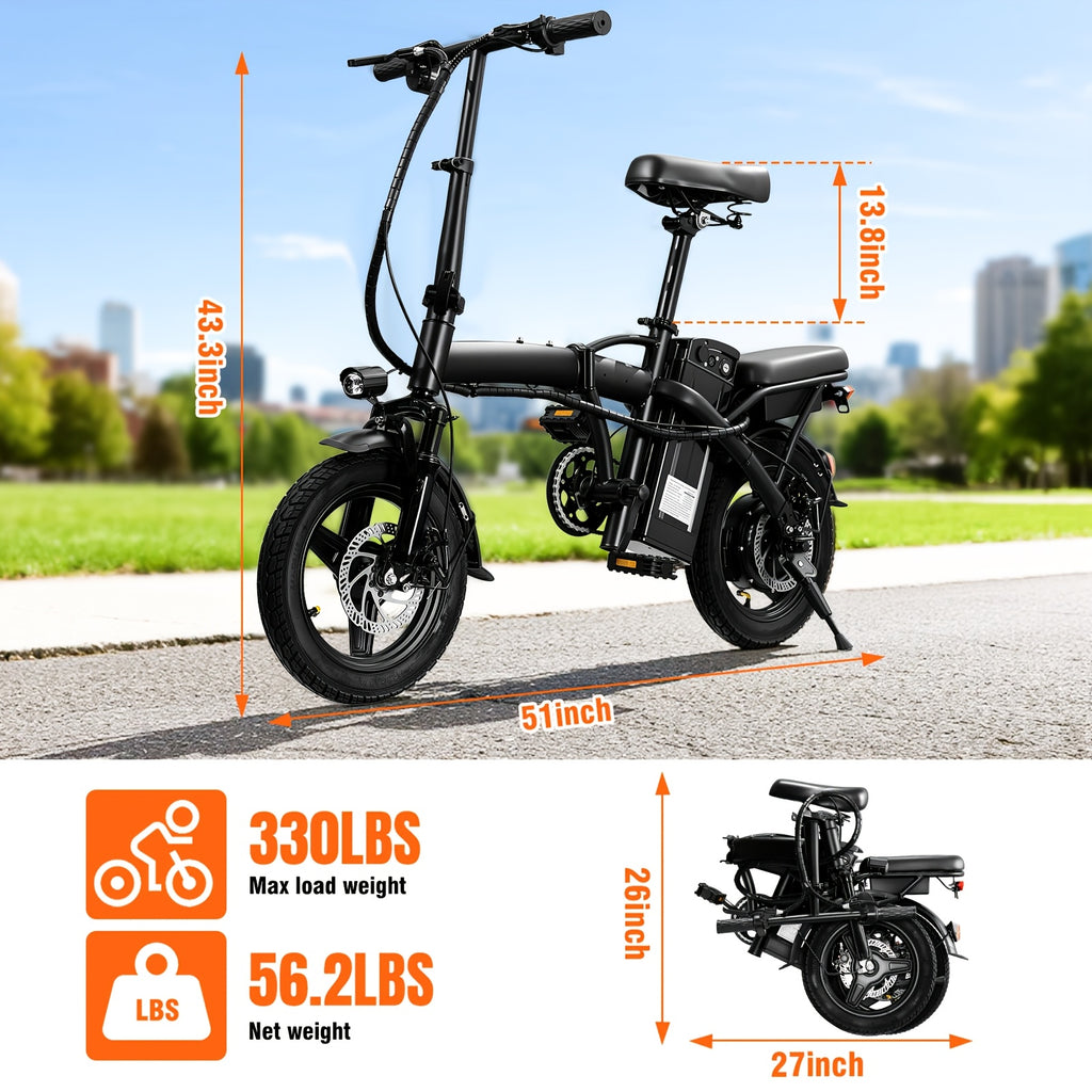 14 Inch Folding Electric Bikefor Adults And Teens, 500W Peak Motor, Top Speed 15-24MPH, Portable Foldable Commuter Bicycle For Urban Travel