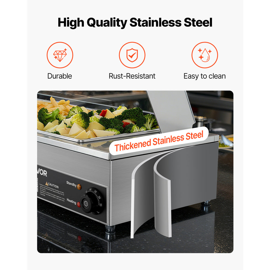 VEVOR Commercial Food Warmer, 1500W Electric Stainless Steel Steam Food Warmer with Glass Cover, Countertop Buffet Bain Marie with Three 1/2 Size / Five 1/2 Size Food Pans, for Catering, Restaurant, Party & Buffets