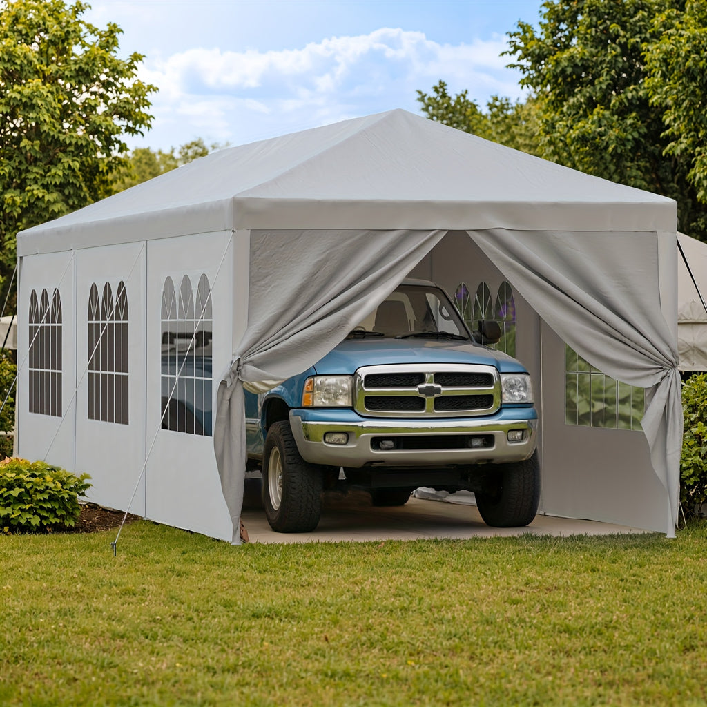 GUNJI 10 X 30ft Carport Heavy Duty Carport with Roll-up Windows, Portable Garage with Removable Sidewalls & Doors, Car Canopy with Sandbags And All-Season Tarp for Car Boat Truck Motorcycle