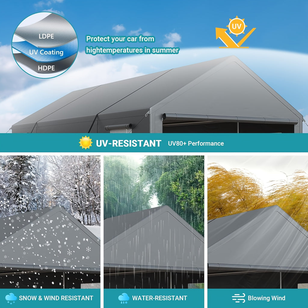 [Extra Large Carport] 12X20 10X20 FT Extra Large Heavy Duty Carport, Upgraded Portable Garage Car Canopy with Roll-Up Ventilated Windows, Removable Sidewalls, Waterproof UV Resistant All-Season Tarp for Parking, Dark Gray Or