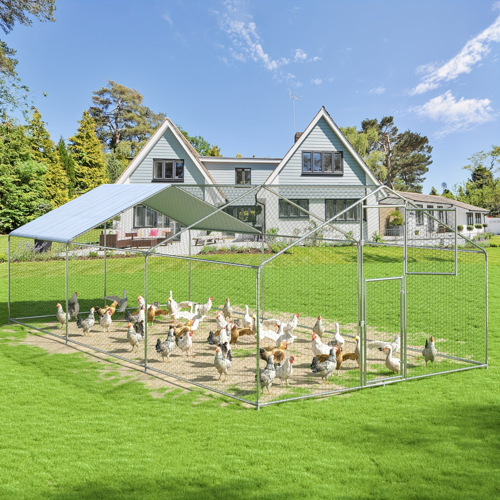 Polar Aurora Metal Chicken Coop, Large Outdoor Chicken Pen, Walk-In Chicken Run for 6-20 Chickens, Double Door Chicken House with UV Protection Cover for Backyard