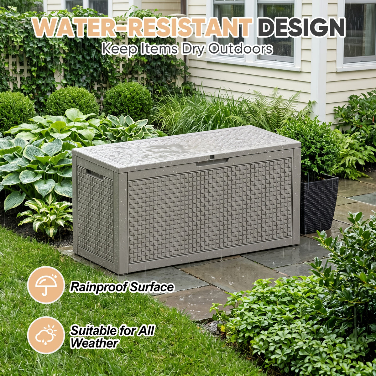 Outdoor Deck Box, 120-Gallon Lockable Resin Storage Chest with Rattan Look for Patio and Pool Supplies