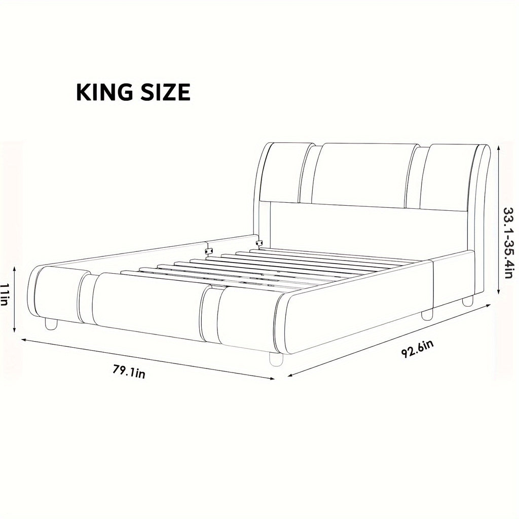Contemporary Platform Bed Frame Made of Faux Leather, Featuring Iron Metal Accents, an Adjustable Headboard, And Wooden Slats for Support, Eliminating The Need for a Box Spring