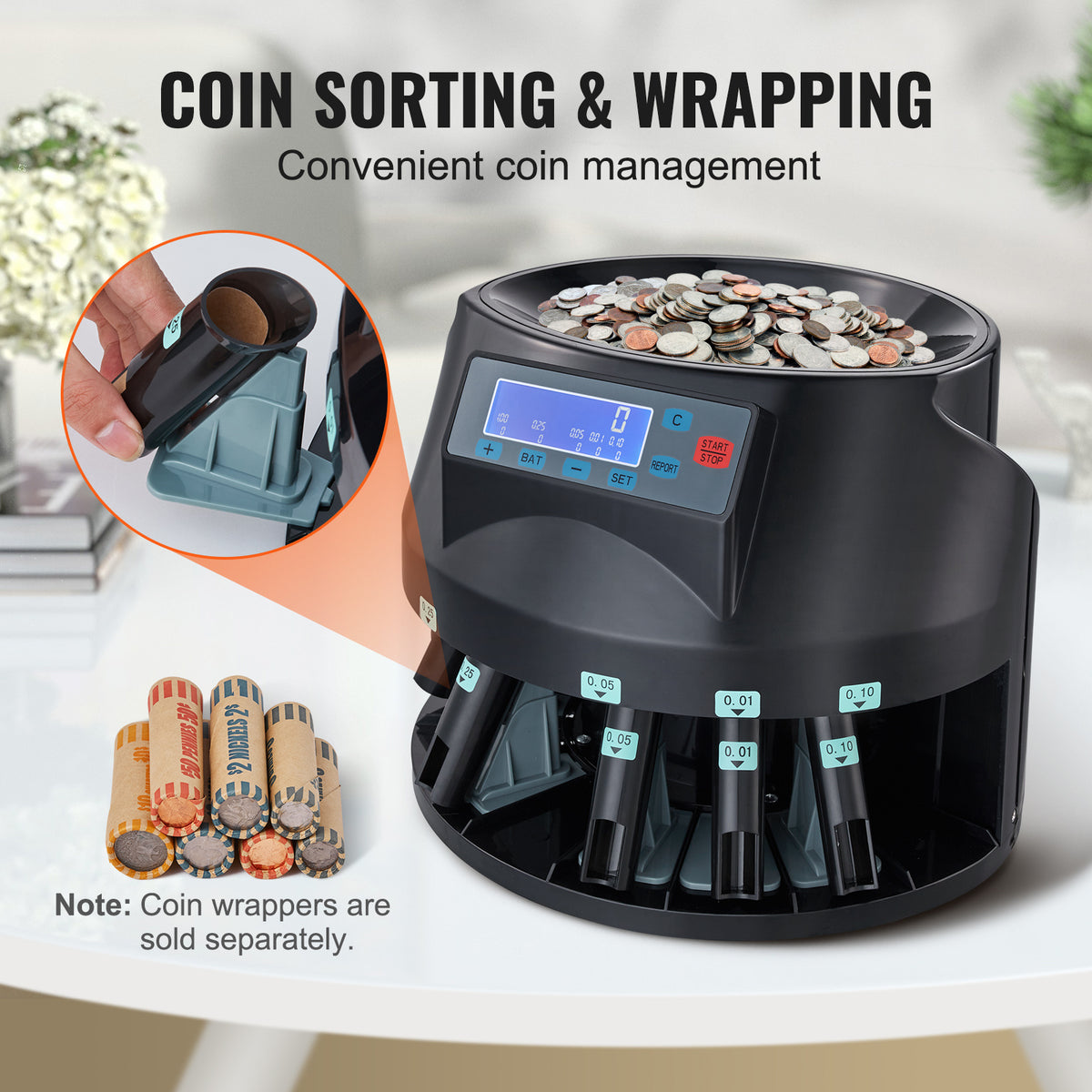 VEVOR USD Coin Counter & Coin Sorters with LCD Display, Coin Sorter Machine for USD Coin 1 5 10 25 1, Sorts up to 300 Coins/min, Change Counter Holds 2000 Coins Included 5 Coin Bins & 5 Tubes