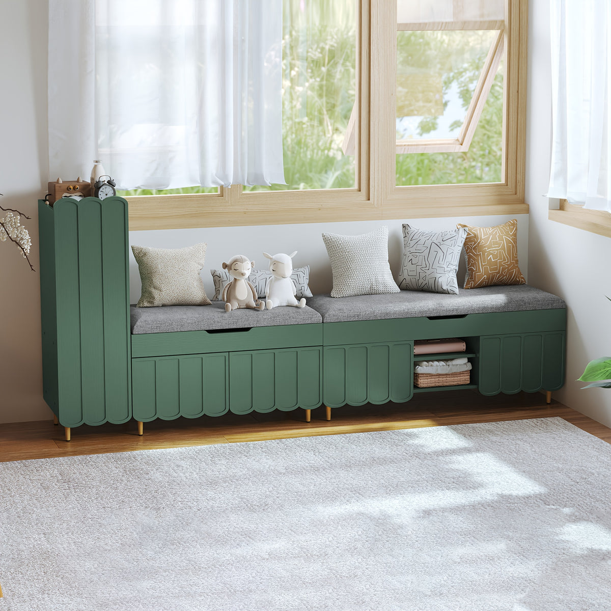 Shoe Organizer Cabinet, Entryway Bench With Adjustable Shelves And Cushioned Seat, Unique L-Shaped Bench Cabinet For Entryway